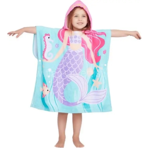 100% Cotton Hooded Beach Towel for Kids – Soft & Absorbent Bath Poncho with Little Mermaid Design