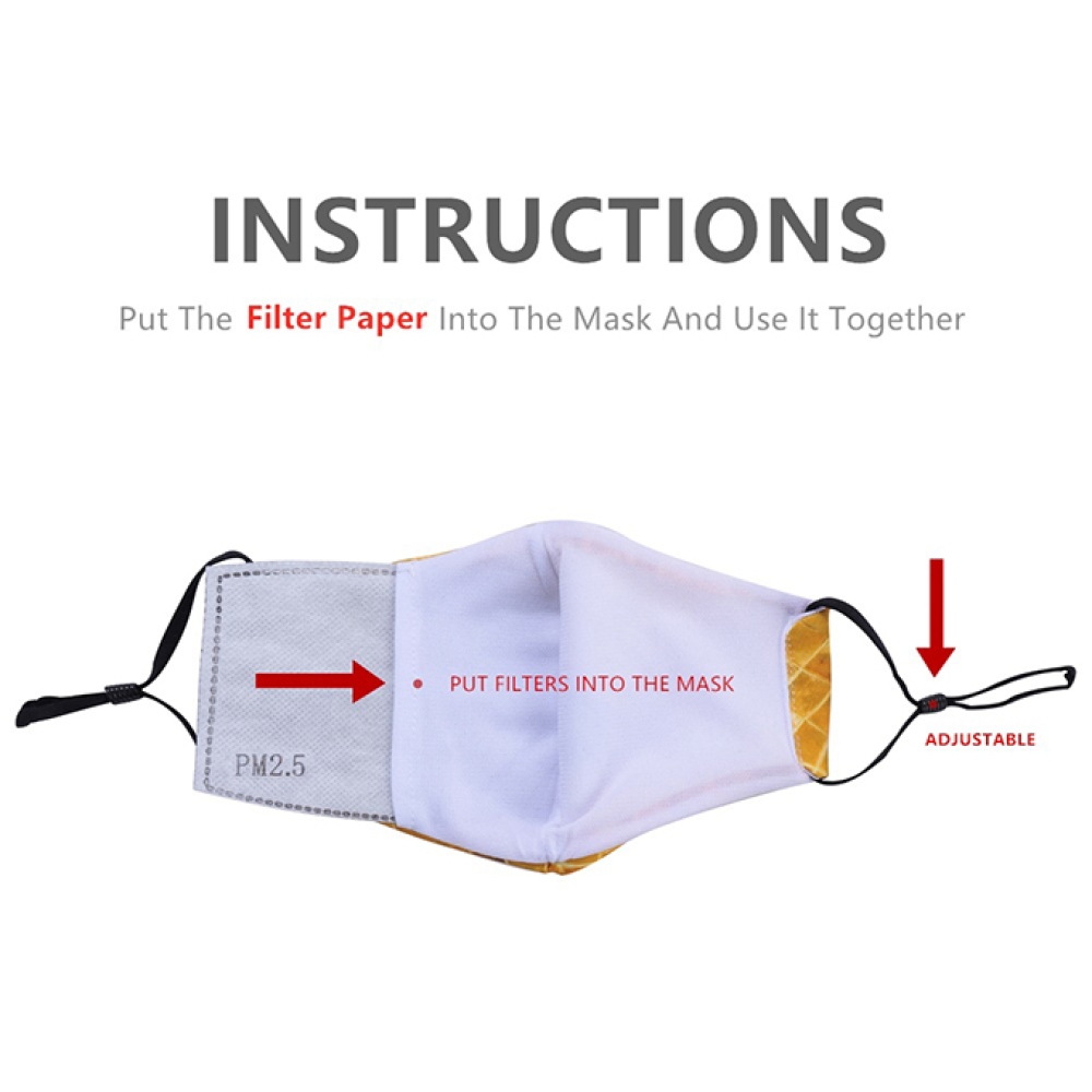 Custom Printed Polyester Face + Cotton Inside Maks Adjustable Earloop+Filter insert available