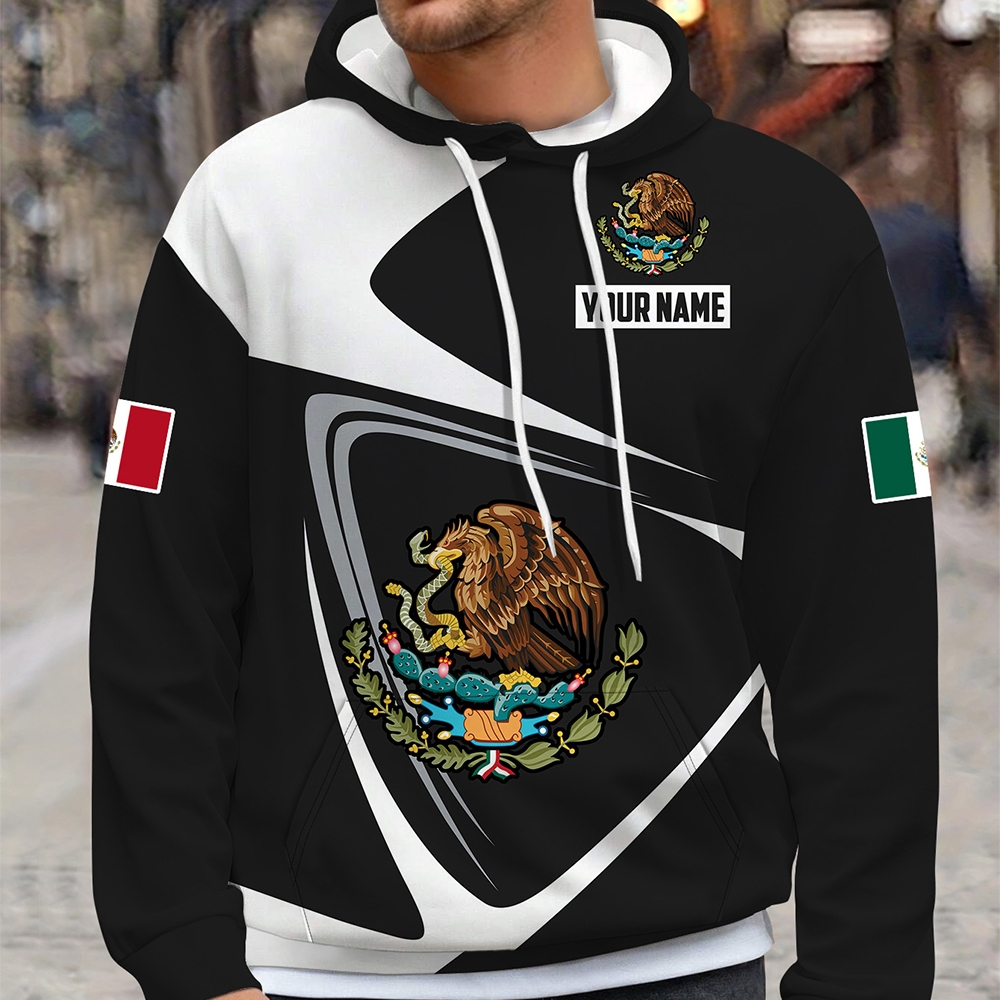 Custom Men's Trendy Black and White Mexican Flag Digital Print Hoodie