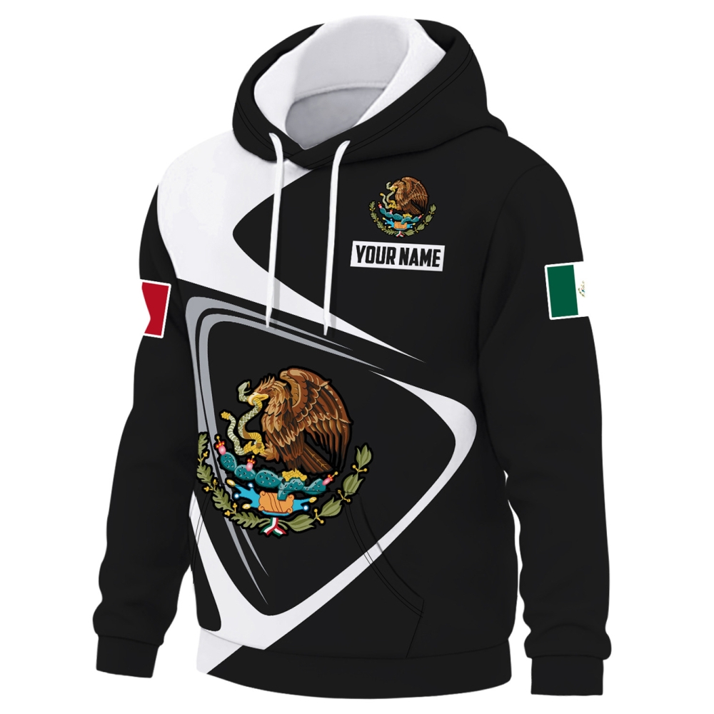 Custom Men's Trendy Black and White Mexican Flag Digital Print Hoodie