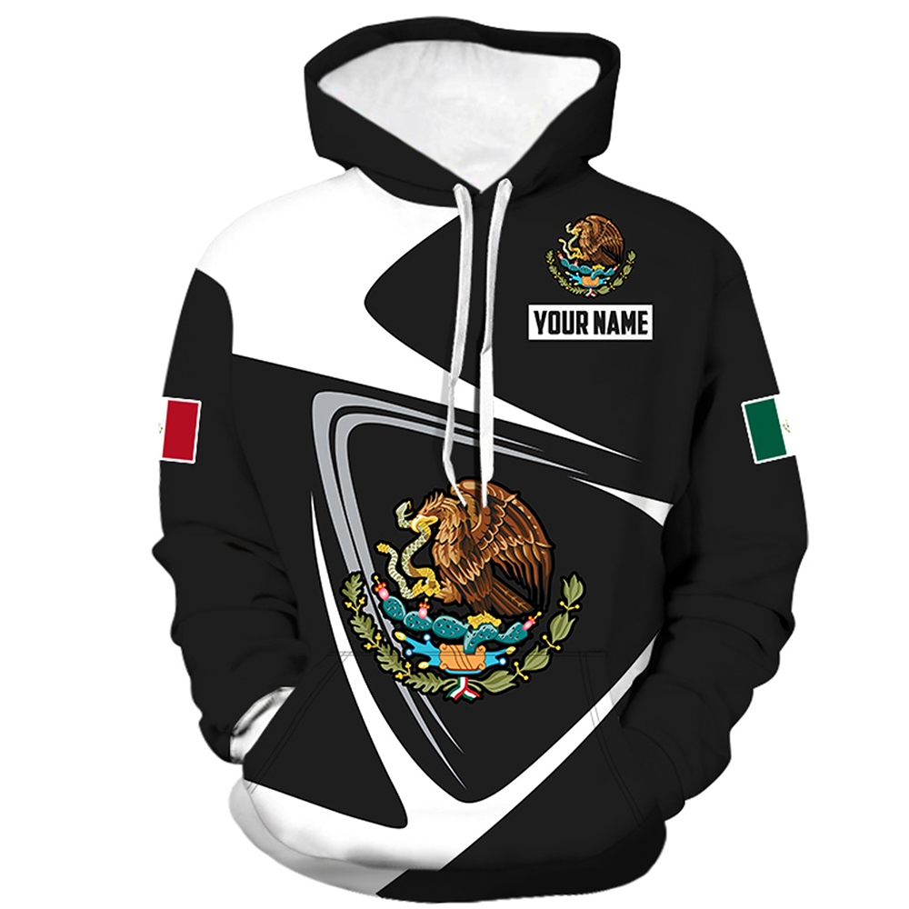 Custom Men's Trendy Black and White Mexican Flag Digital Print Hoodie
