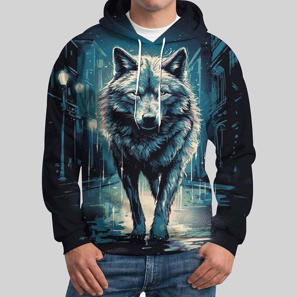 Custom 3D printed men's hoodie Fashiionable and vigorous Wolf pattern trend sportswear