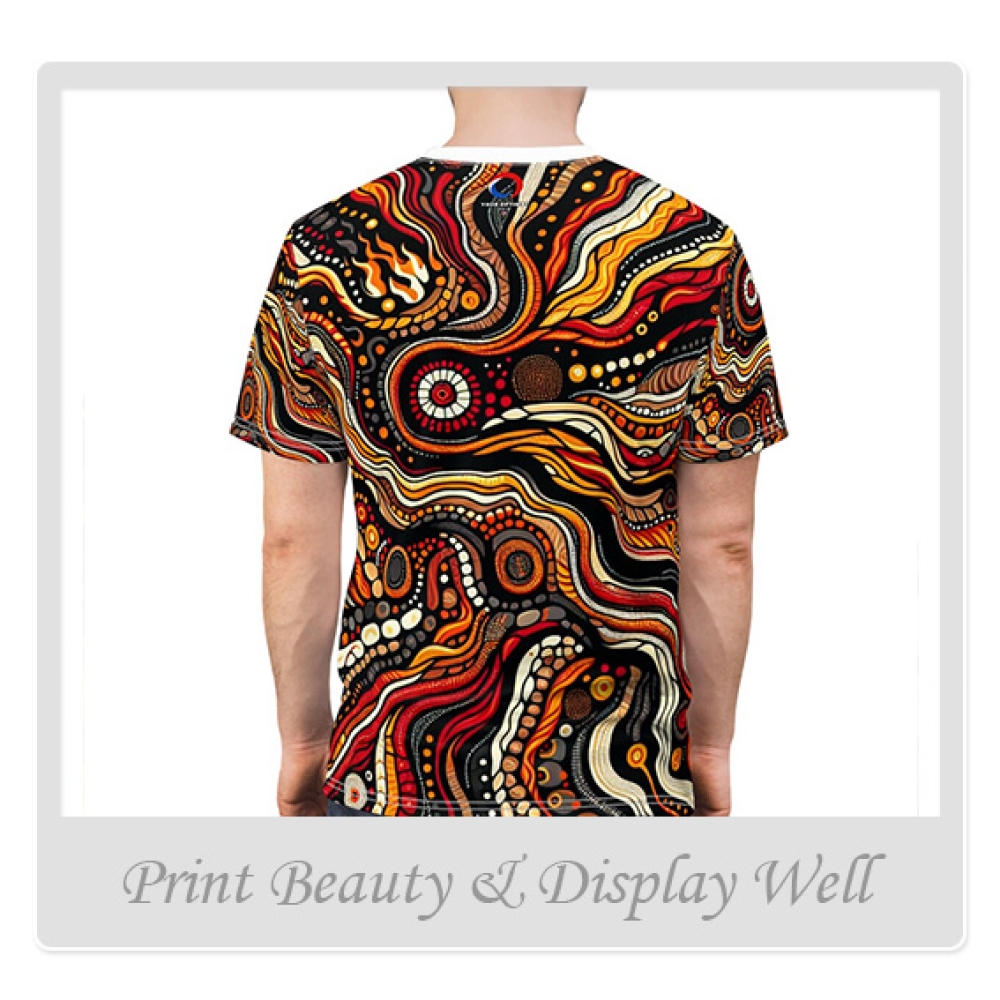 Primordial Fire Eruption T-Shirt, Aboriginal Art Storytelling, Lava Flow Design - African Tribal Pattern-Inspired Tee