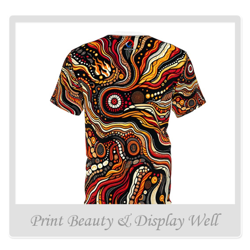 Primordial Fire Eruption T-Shirt, Aboriginal Art Storytelling, Lava Flow Design - African Tribal Pattern-Inspired Tee