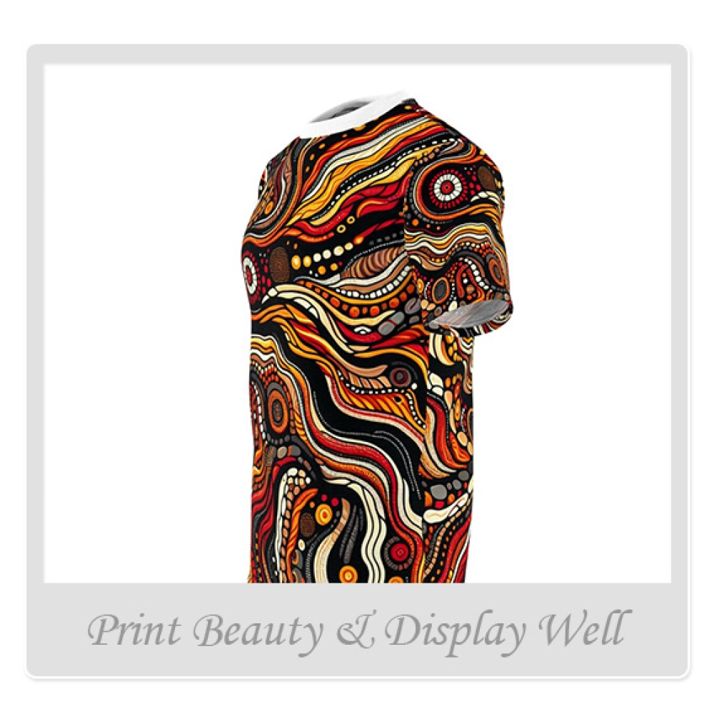 Primordial Fire Eruption T-Shirt, Aboriginal Art Storytelling, Lava Flow Design - African Tribal Pattern-Inspired Tee