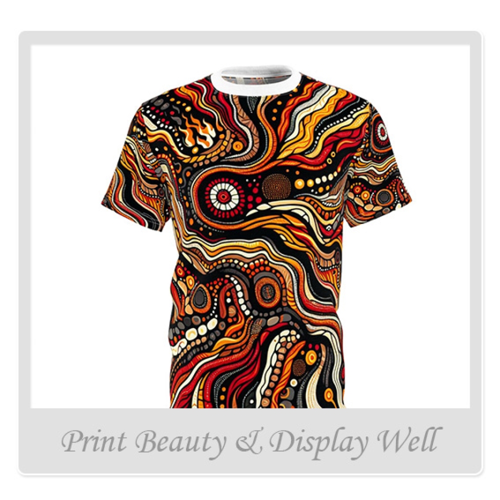 Primordial Fire Eruption T-Shirt, Aboriginal Art Storytelling, Lava Flow Design - African Tribal Pattern-Inspired Tee