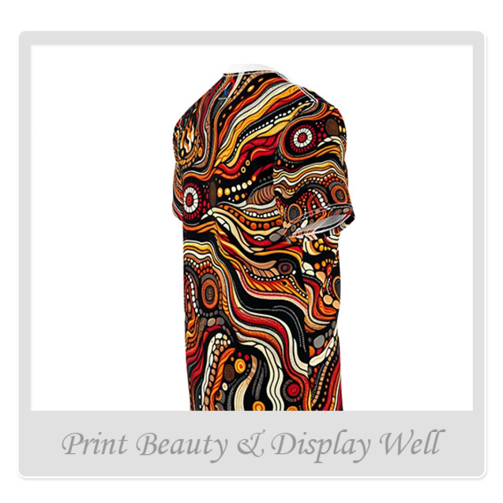 Primordial Fire Eruption T-Shirt, Aboriginal Art Storytelling, Lava Flow Design - African Tribal Pattern-Inspired Tee