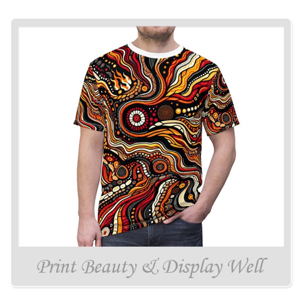 Primordial Fire Eruption T-Shirt, Aboriginal Art Storytelling, Lava Flow Design - African Tribal Pattern-Inspired Tee