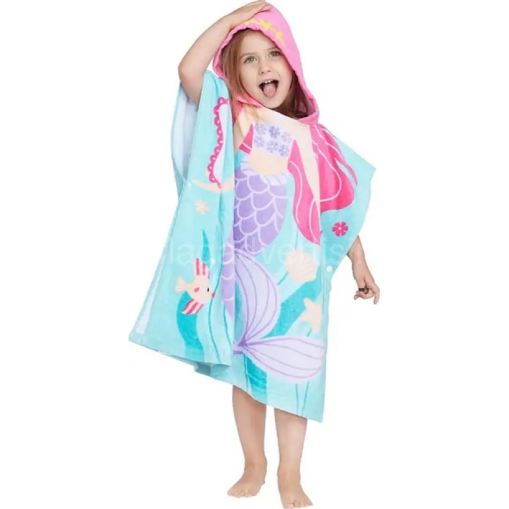 100% Cotton Hooded Beach Towel for Kids – Soft & Absorbent Bath Poncho with Little Mermaid Design