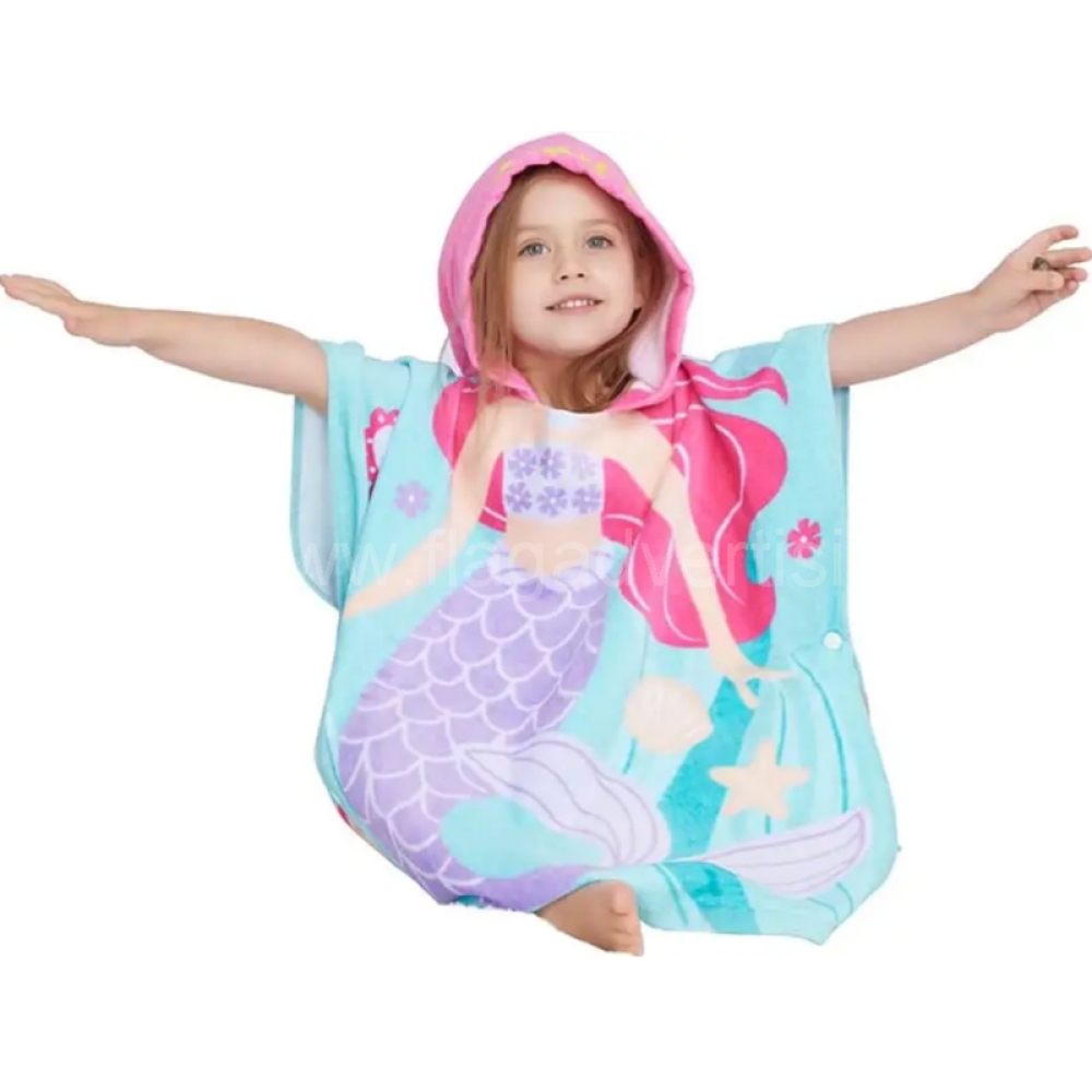 100% Cotton Hooded Beach Towel for Kids – Soft & Absorbent Bath Poncho with Little Mermaid Design