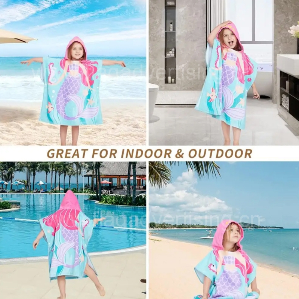 100% Cotton Hooded Beach Towel for Kids – Soft & Absorbent Bath Poncho with Little Mermaid Design
