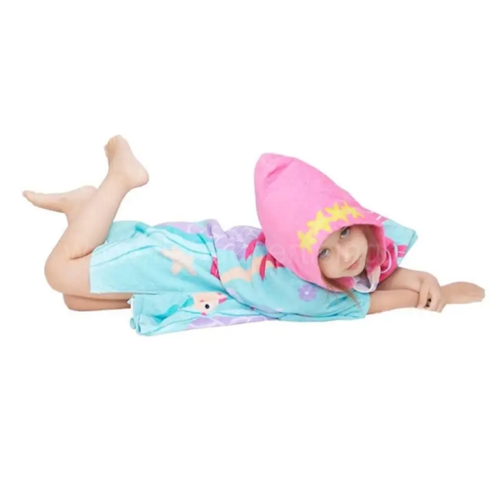 100% Cotton Hooded Beach Towel for Kids – Soft & Absorbent Bath Poncho with Little Mermaid Design