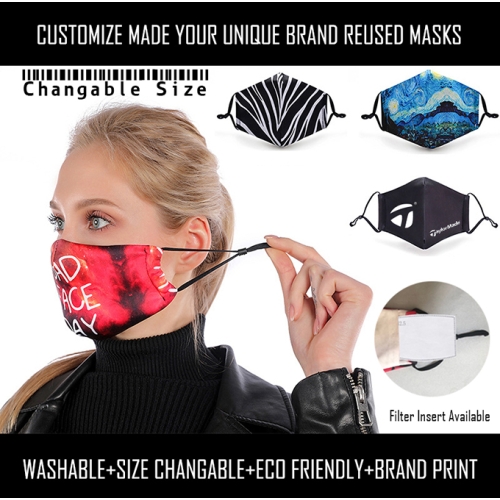 Custom Printed Polyester Face + Cotton Inside Maks Adjustable Earloop+Filter insert available